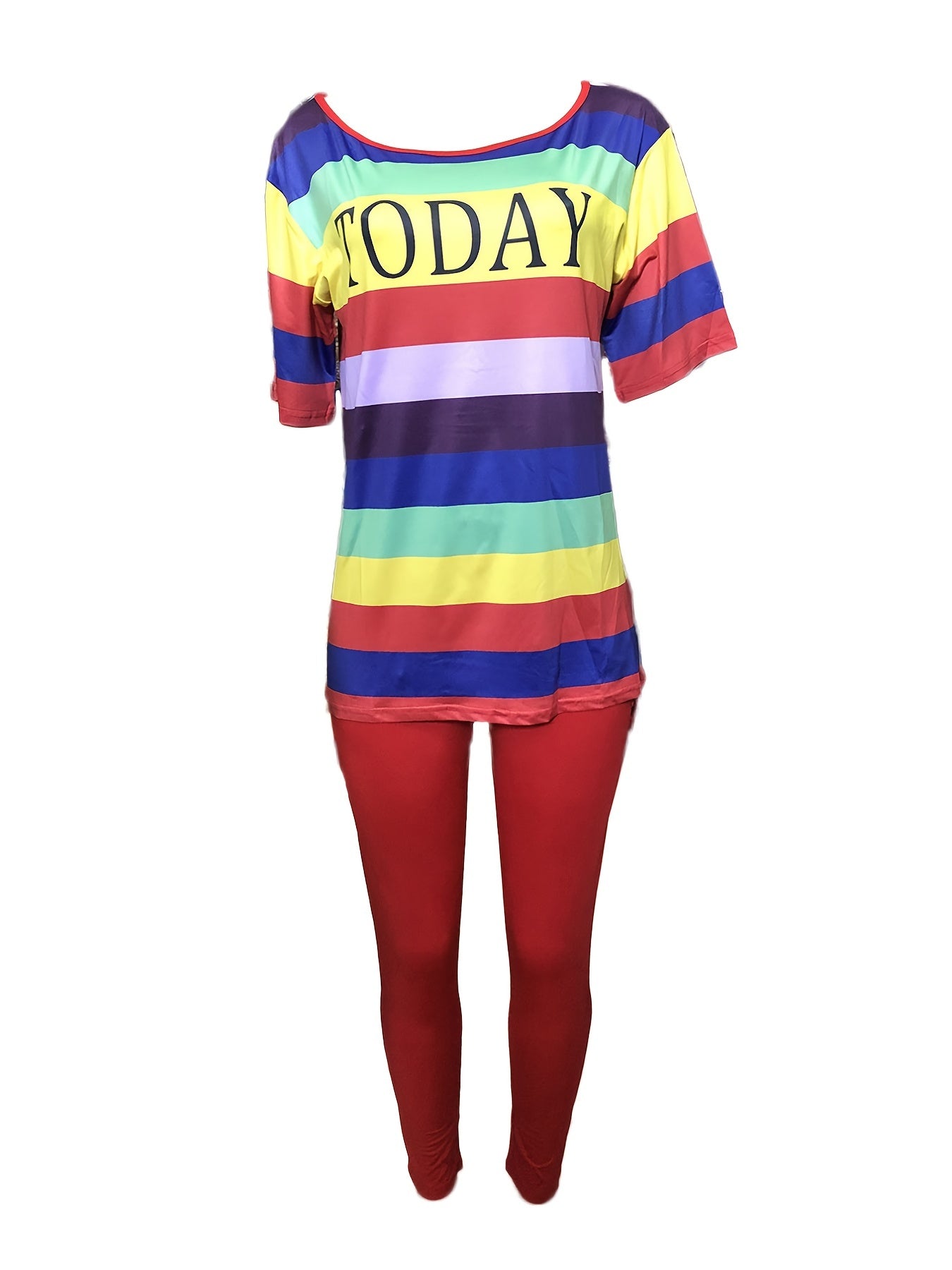 Women's Rainbow Striped Short Sleeve T-shirt & Solid Pants Set