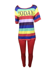 Women's Rainbow Striped Short Sleeve T-shirt & Solid Pants Set