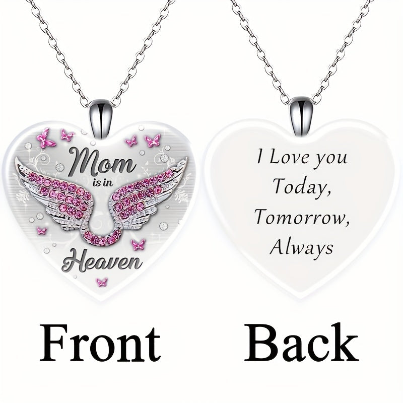 Pink Rhinestone Wing & Mom Is In Heaven Heart Pendant Necklace