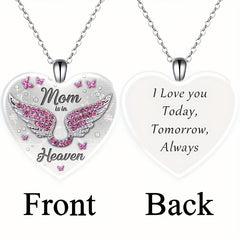 Pink Rhinestone Wing & Mom Is In Heaven Heart Pendant Necklace