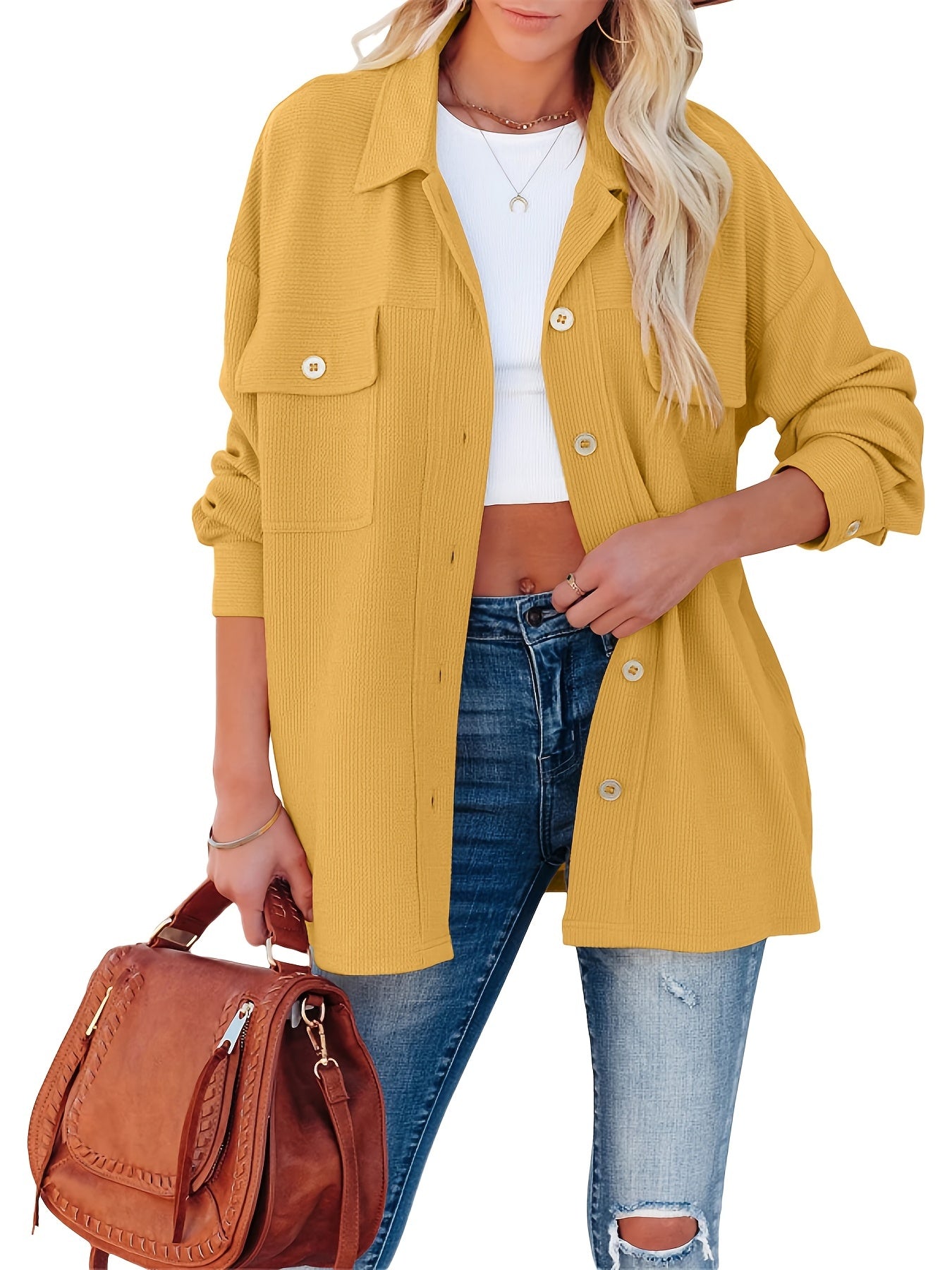 Corduroy Dual Pockets Jacket Lapel Open Front Jacket Women