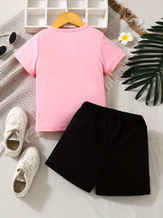 2pcs Girls Clothes Grandma Loves Me Graphic T Shirt Top & Shorts Set
