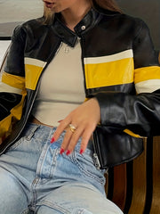 Leather Contrast Stitch Zip Motorcycle Style Outdoor Sports Jacket