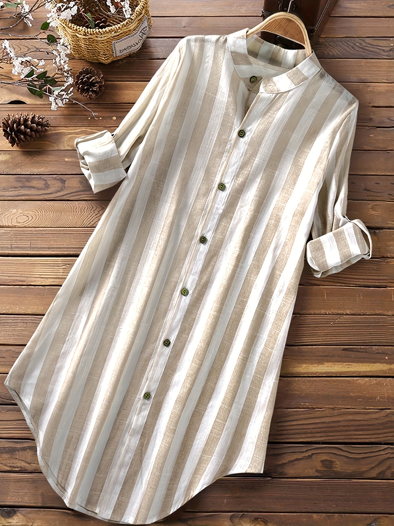 Stripe Print Long Sleeve Mock Neck Tunic Shirt