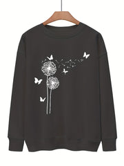 Dandelion & Butterfly Print Sweatshirt Casual Loose Drop Shoulder Sweatshirt