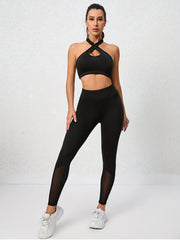2pcs Halter Sports Bra & High Waist Mesh Leggings Set