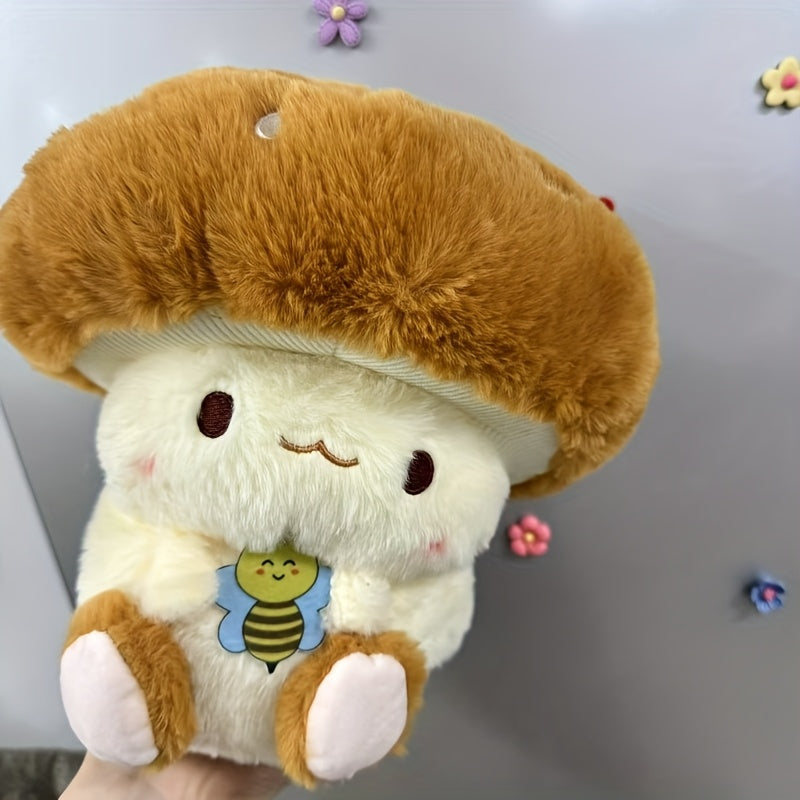 Anime Mushroom Soft Plush Stuffed Toy with Bee Pastel Beige for Kids Decor