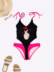 Sexy Swimsuit Women's Plus Gesture Print V Neck Cut Out Halter One Pie