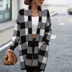 Gingham Print Open Front Cardigan