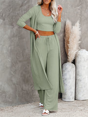 Solid Ribbed Lounge Set Long Sleeve Robe & Crew Neck Tank Top & Lace Up Pants