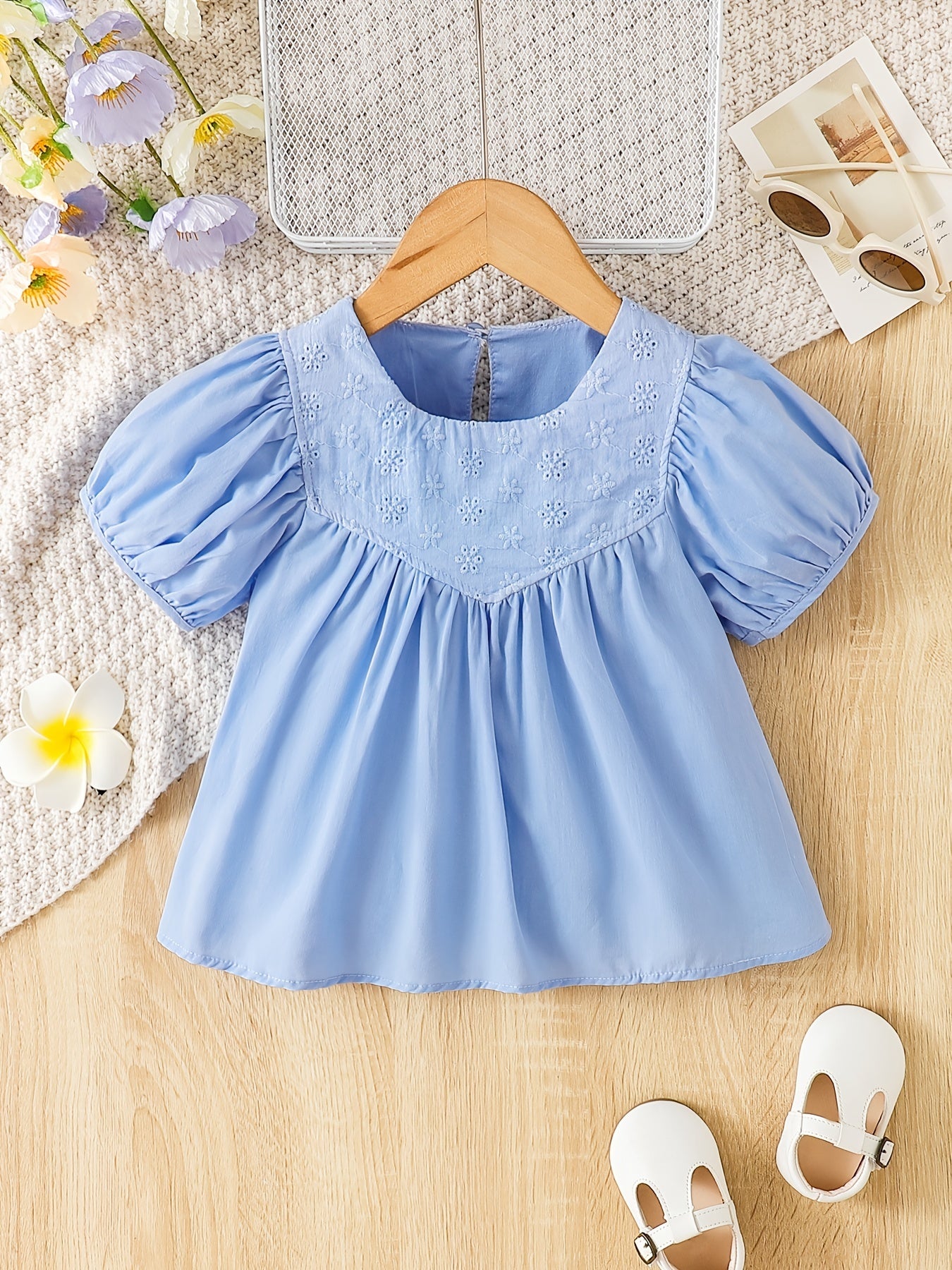 Girls Casual Puff Sleeve Flower Blouse Short Sleeve Top