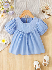 Girls Casual Puff Sleeve Flower Blouse Short Sleeve Top