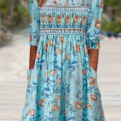 Floral Print Half Sleeve Round Neck Dress With Pockets