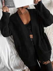 Knitted Open Front Pocket Cardigan Long Sleeve