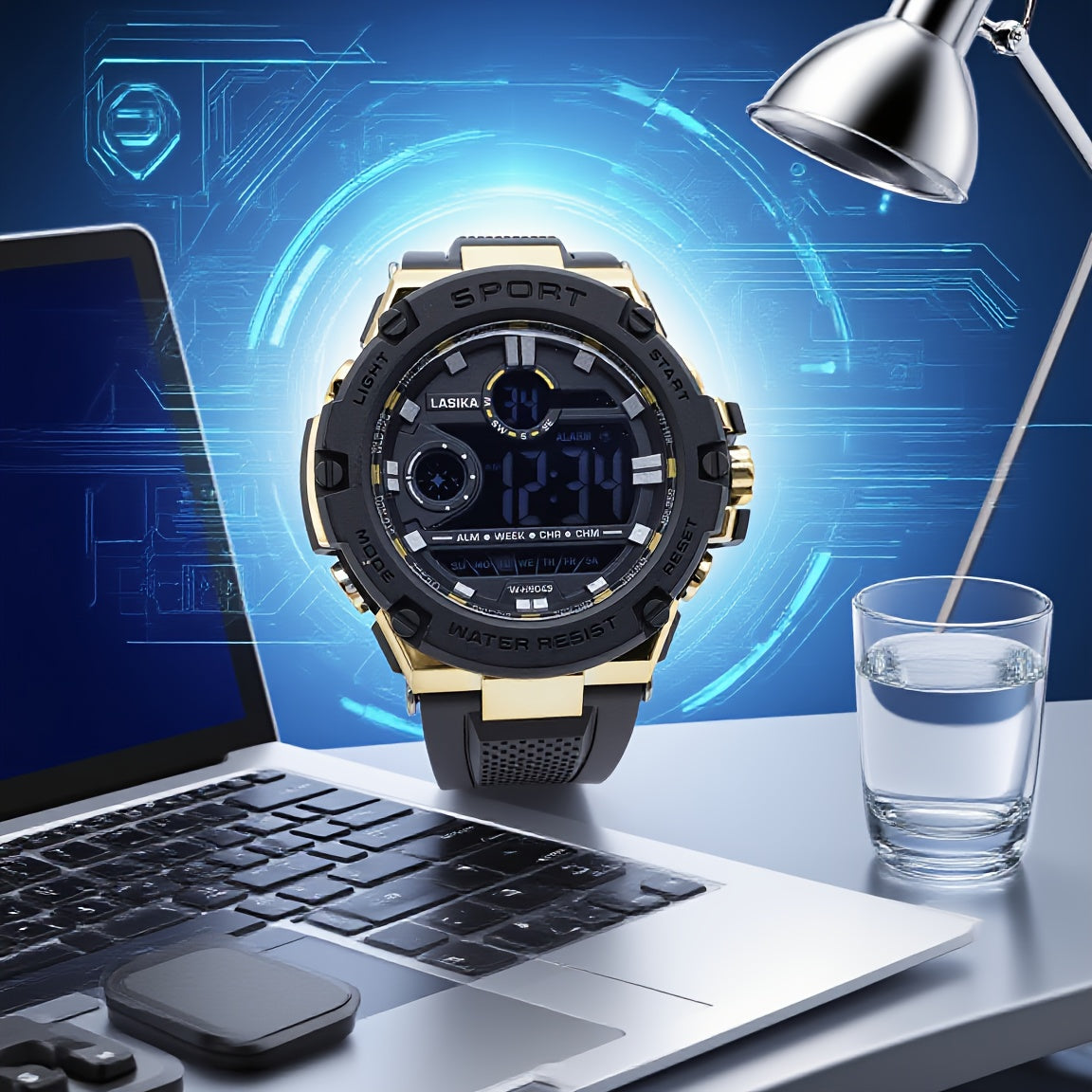 Boys Swimming Watch with Alarm Clock and Digital Display Yellow Accents