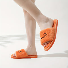 Women's Pumpkin Embroidery Slippers Plush Home Shoes Halloween Slippers