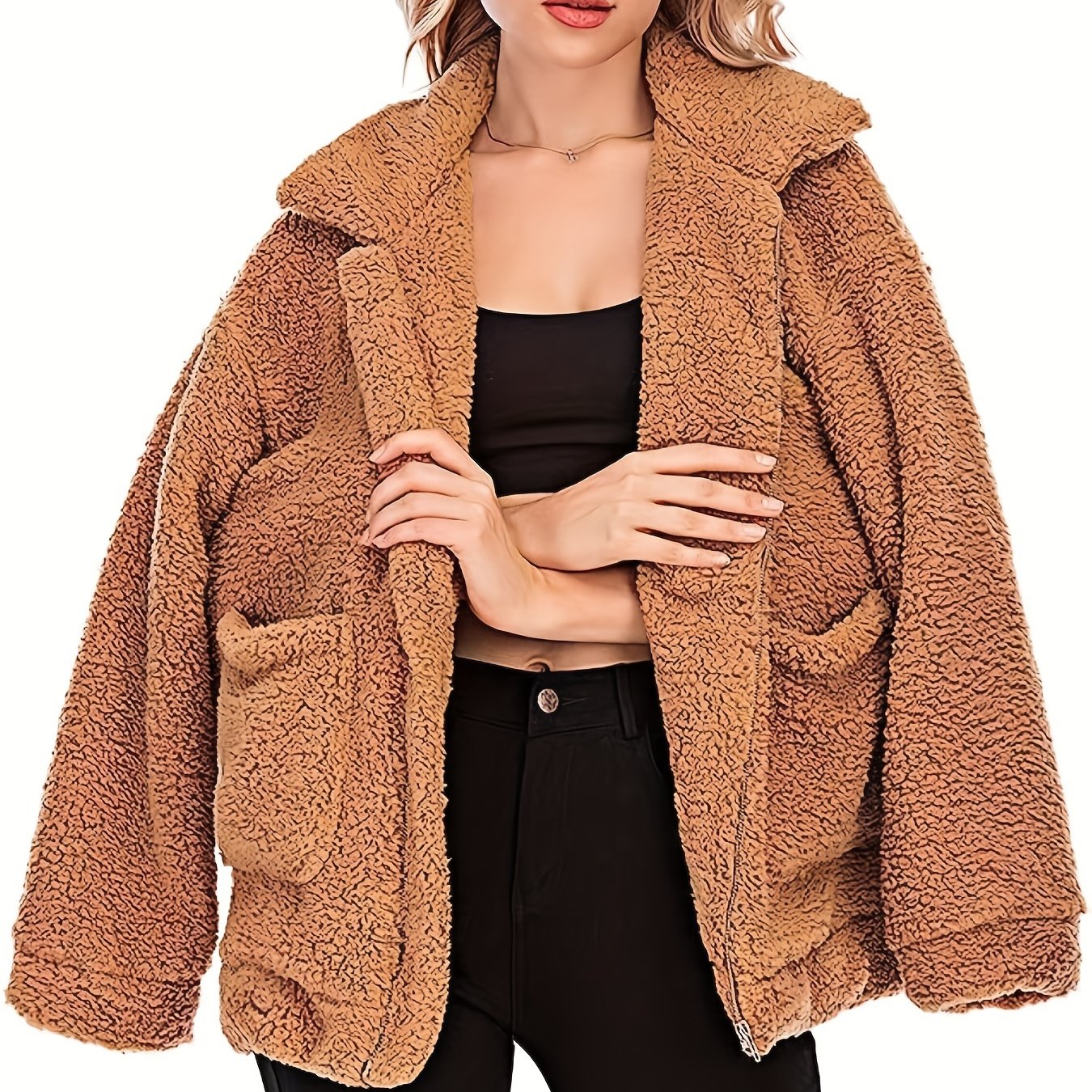 Solid Zip Up Teddy Coat Casual Long Sleeve Pocket Front Warm Outerwear