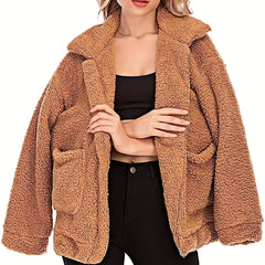 Solid Zip Up Teddy Coat Casual Long Sleeve Pocket Front Warm Outerwear