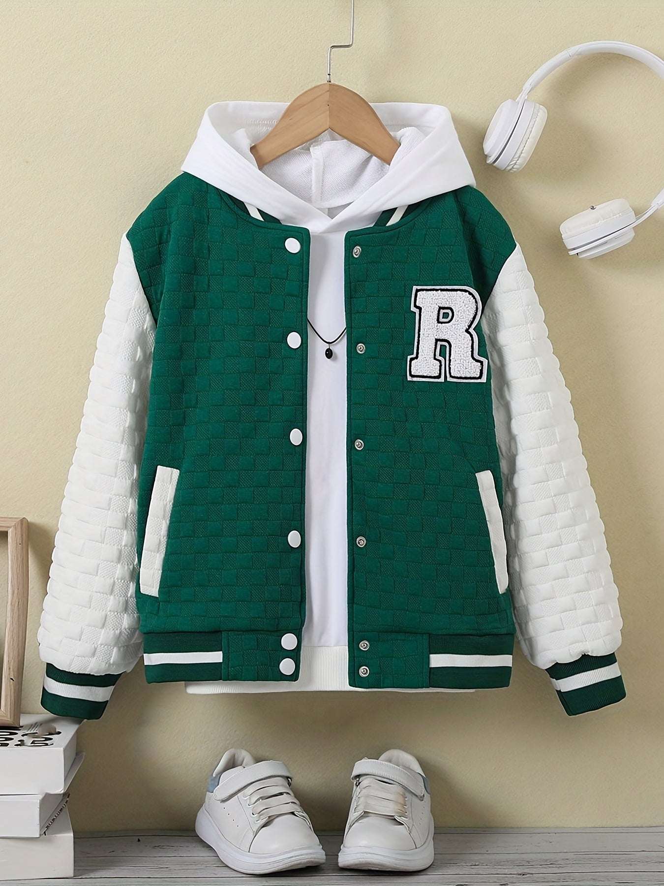 Girls R Letter Block Baseball Jacket Long Sleeve Spring Autumn