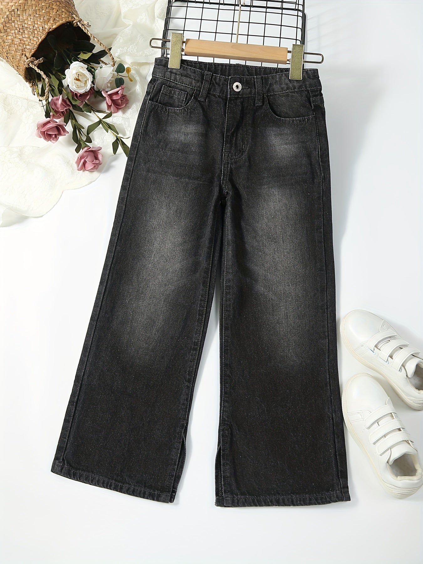 Girls Side Split Wide Leg Vintage Denim Pants For Street Casual Outfit