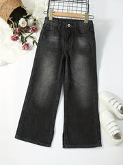 Girls Side Split Wide Leg Vintage Denim Pants For Street Casual Outfit