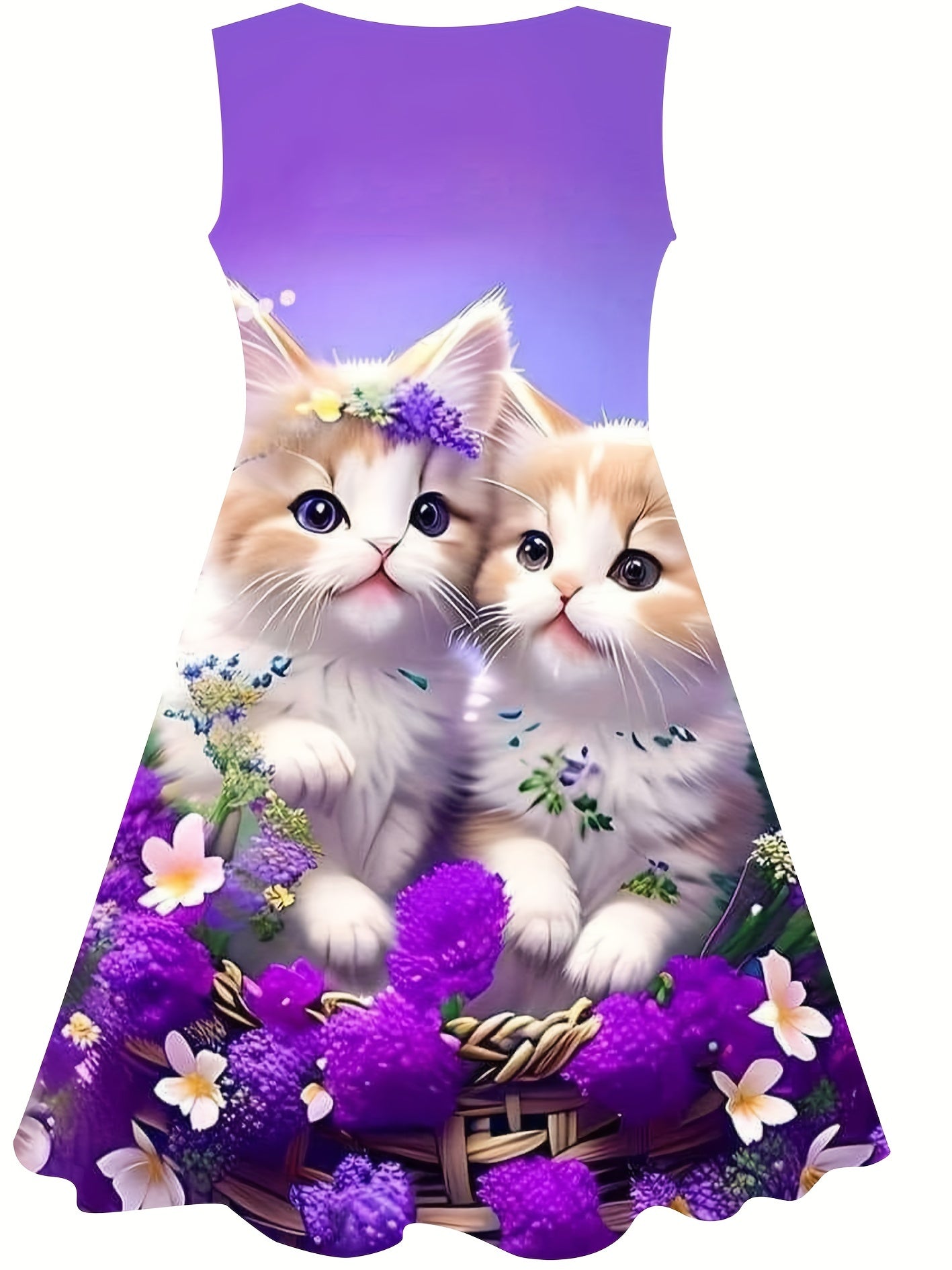 Kitty Print Sleeveless Dress Girls Summer Party Outdoor
