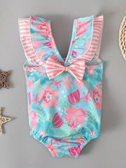 Baby Summer Girls Sleeveless Floral Print Backless Bow Onesie Swimsuit