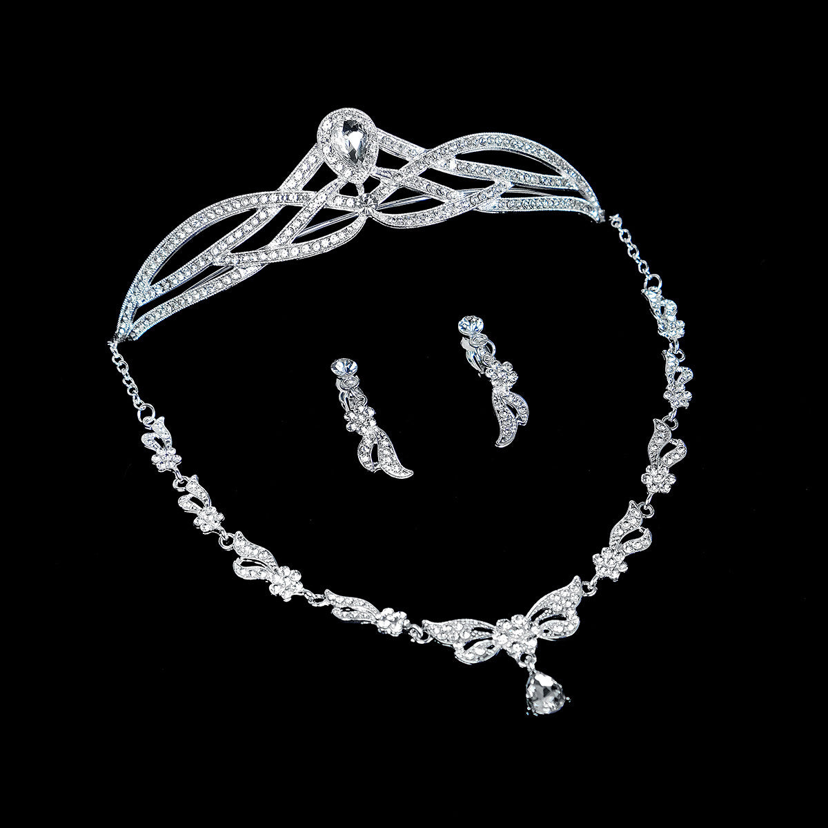 3PCS Wedding Necklace Earrings Crown Set Bridal Jewelry