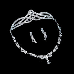 3PCS Wedding Necklace Earrings Crown Set Bridal Jewelry