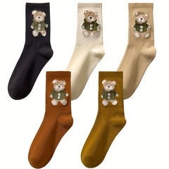 5 Pairs Cartoon Bear Print Socks Women's Mid Tube Stockings