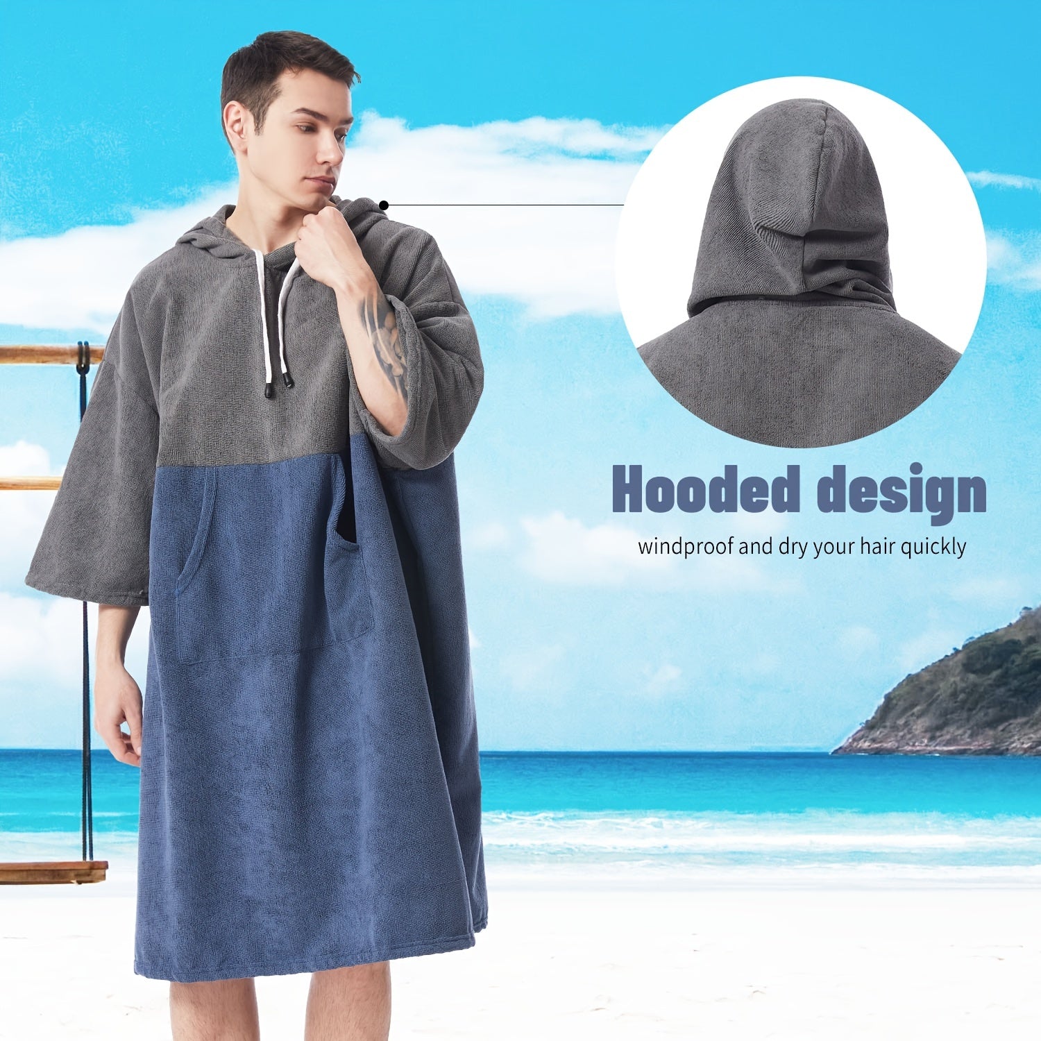 Mutao Changing Robe With Hood Quick Dry Middle Length Sleeve Changing Towel