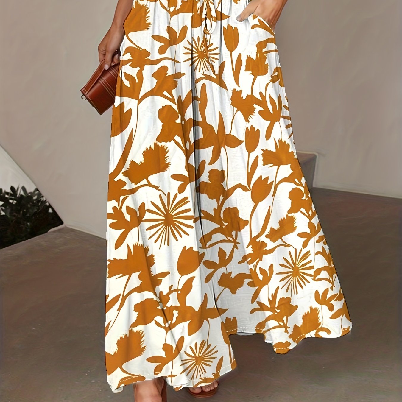 Plant Print Wide Leg Pants Loose Pants For Spring & Fall