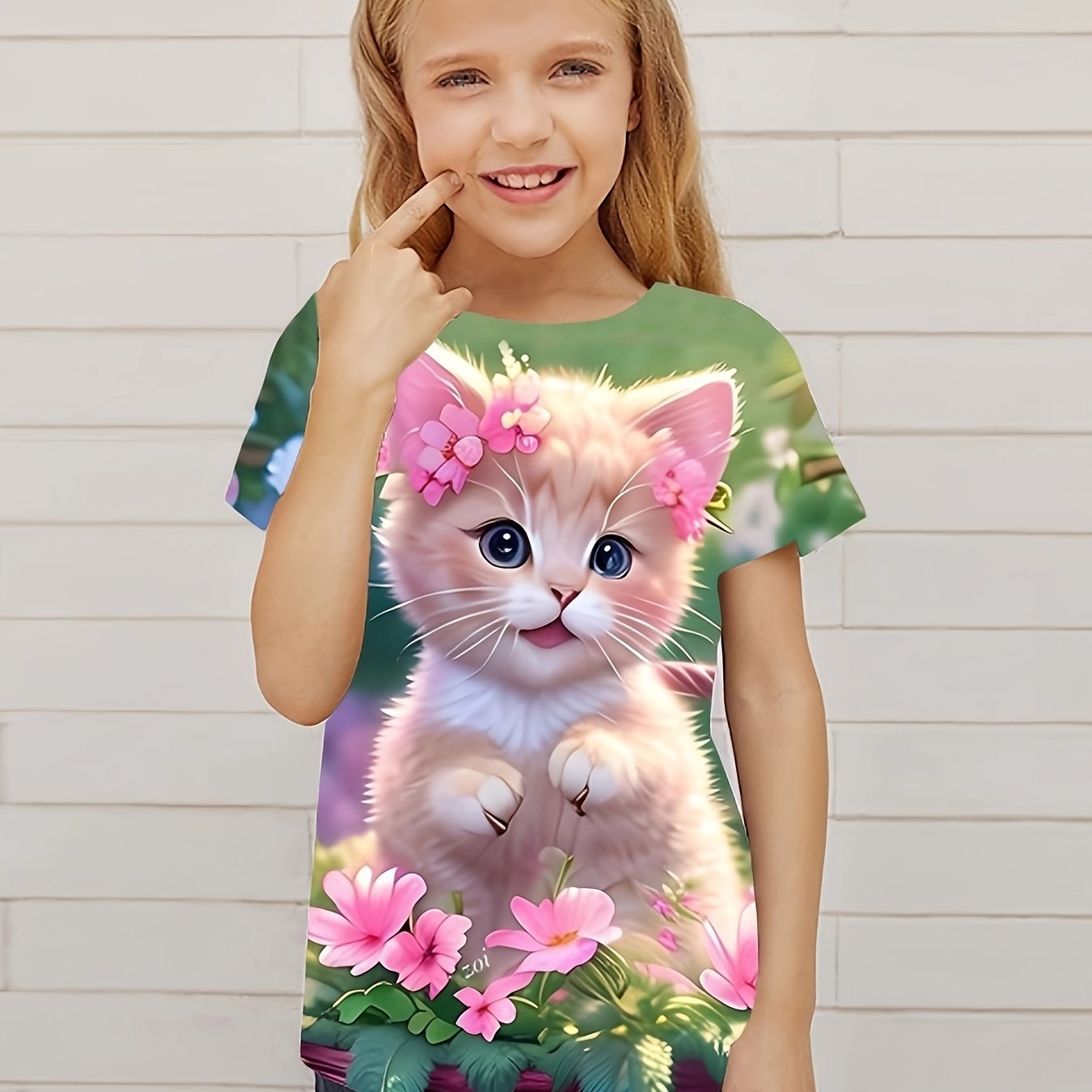 Flower Cat Graphic Short Sleeve T shirt for Girls