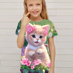 Flower Cat Graphic Short Sleeve T shirt for Girls