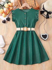 Girls' Casual Dress Thin Frilled Sleeveless A Line Dress With Belt