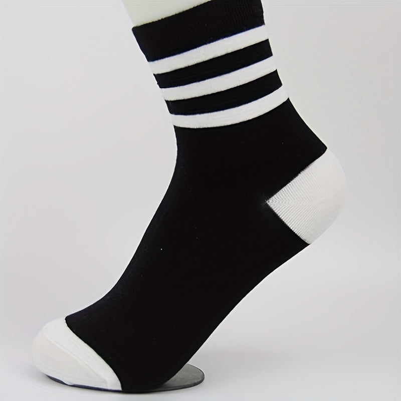 Men's Block Striped Crew Socks - Breathable Comfy Casual Unisex Socks