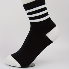 Men's Block Striped Crew Socks - Breathable Comfy Casual Unisex Socks