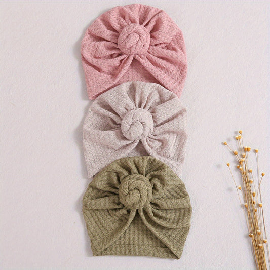 3pcs Knitted Waffle Baby Pullover Hat With Rose Circle Fetal