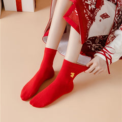 3 Pairs Rabbit Year Red Socks Women's Mid Tube Stockings