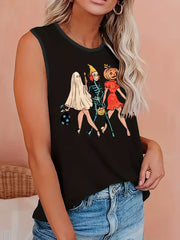 Coconut Tree & Wave Print Tank Top - Round Neck