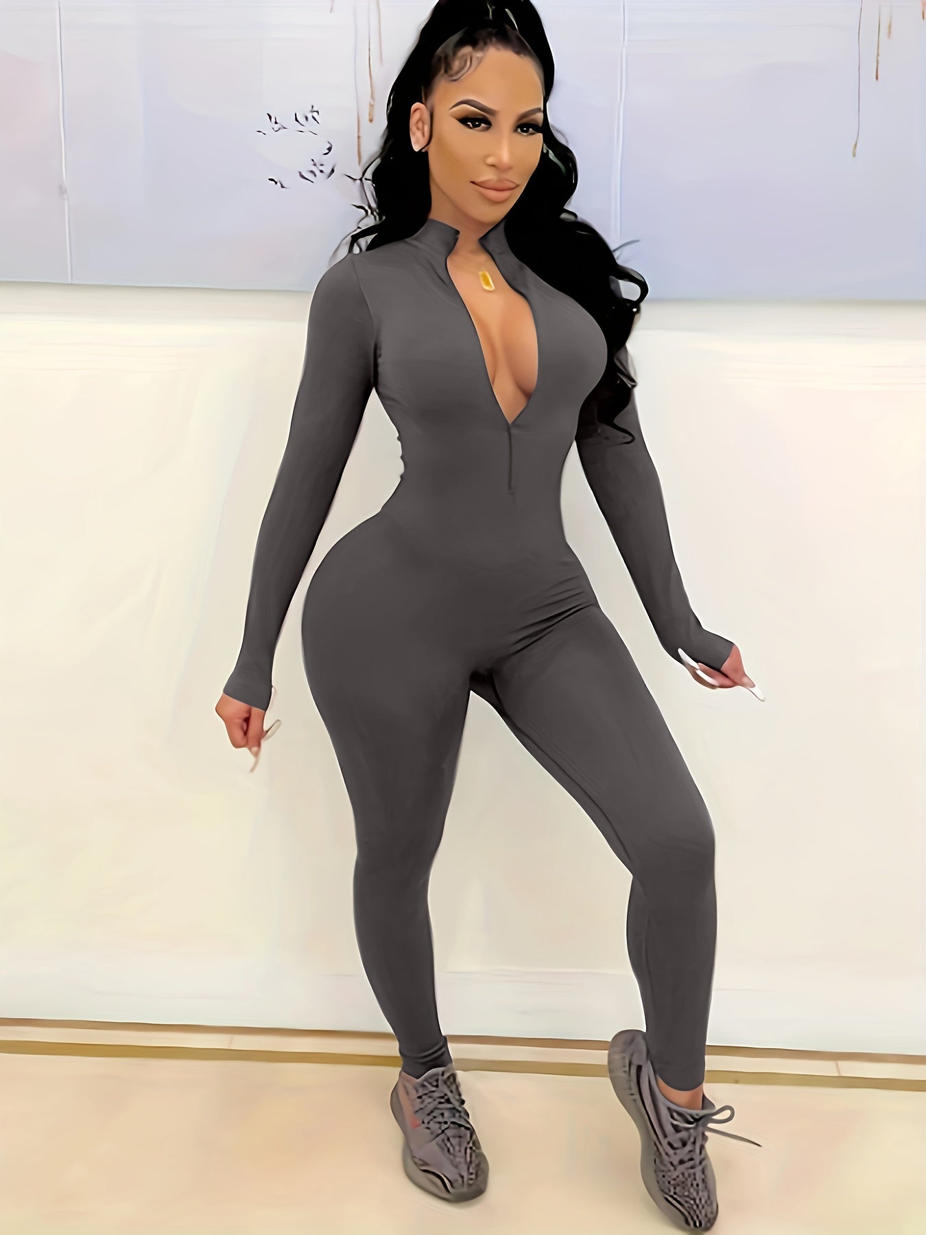 Solid Skinny Zipper Jumpsuit Athleisure Long Sleeve Jumpsuit