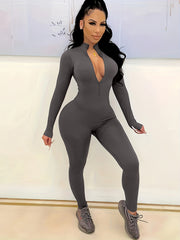 Solid Skinny Zipper Jumpsuit Athleisure Long Sleeve Jumpsuit