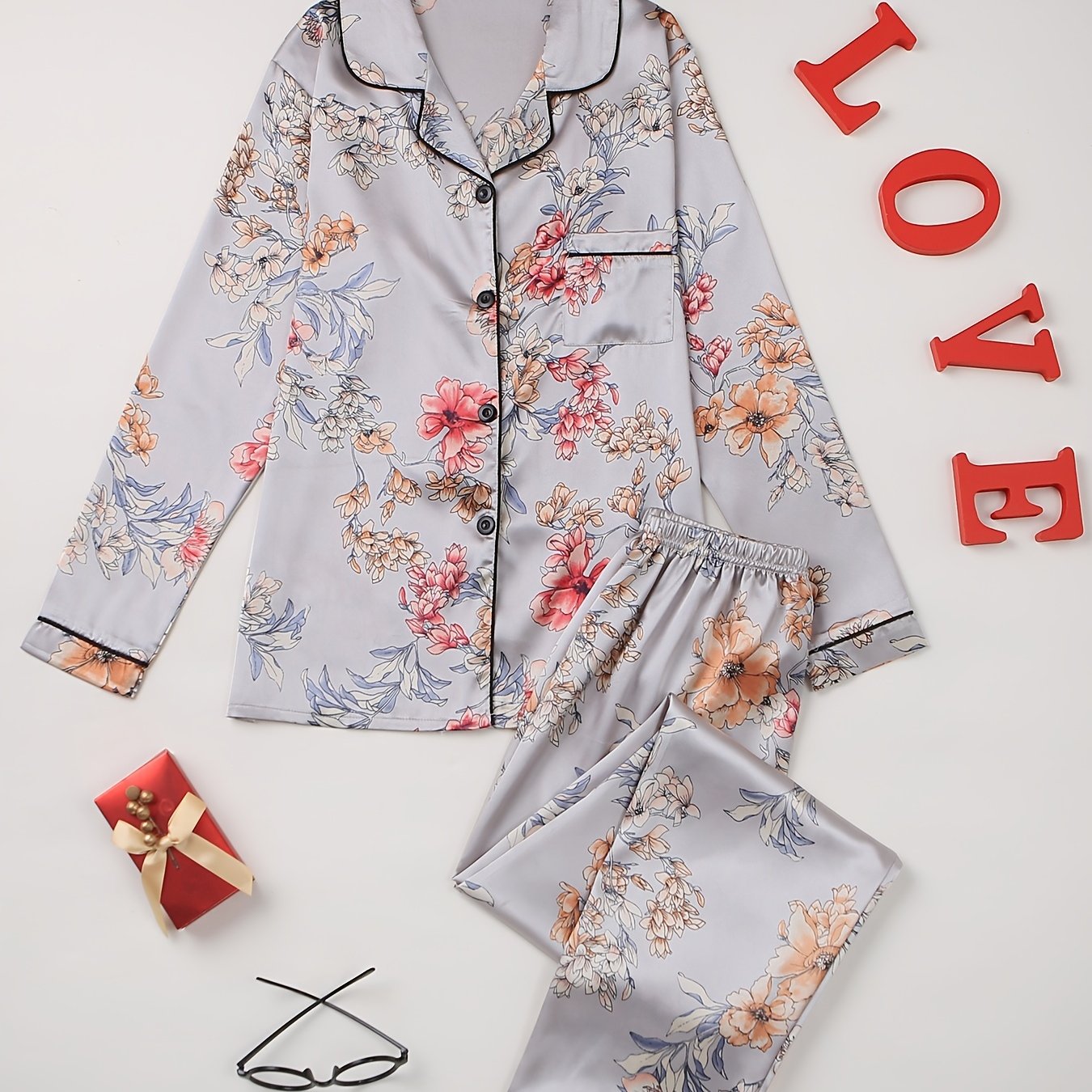 Floral Print Pajama Set Long Sleeve Button Up Top And Pants