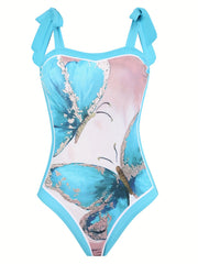 Butterfly Print One Piece Swimsuit & Cover Up Skirt