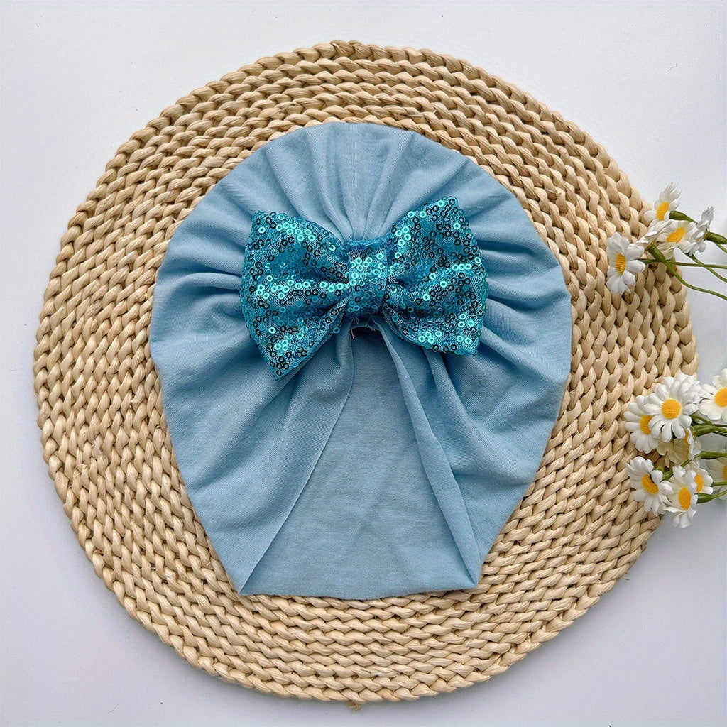 Baby Sequin Bowknot Turban Soft Elastic Hat