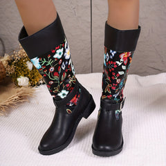 Women's Floral Print Waterproof High Top Boots
