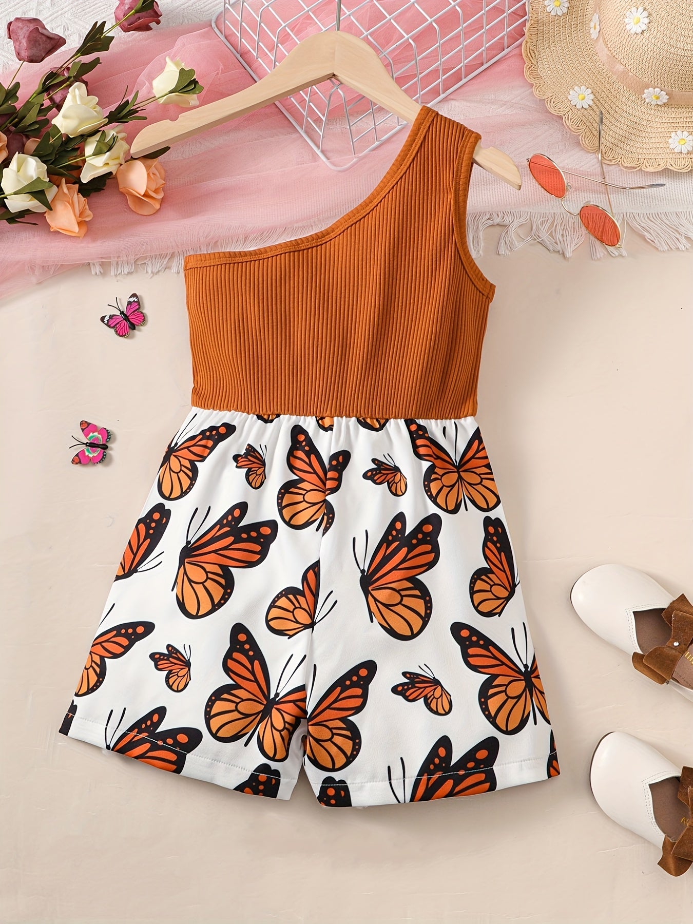 Toddler Girls Butterfly Graphic One Shoulder Rompers Jumpsuits
