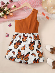 Toddler Girls Butterfly Graphic One Shoulder Rompers Jumpsuits