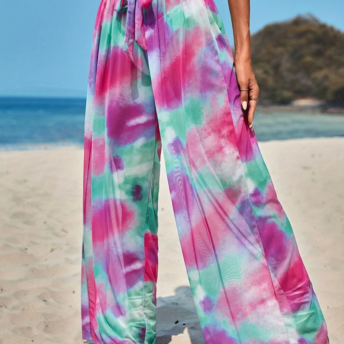 Print Cover Up Pants Wide Legs Semi Sheer Beachwear Trousers