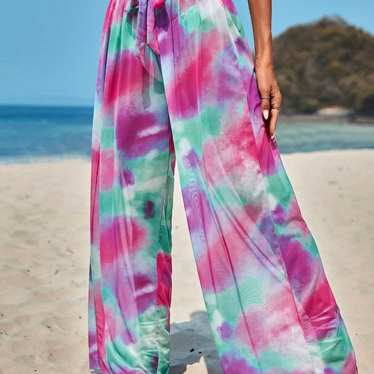 Print Cover Up Pants Wide Legs Semi Sheer Beachwear Trousers